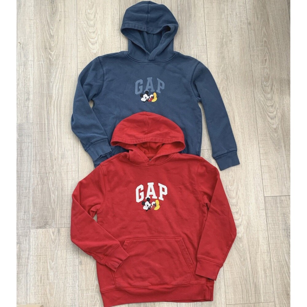 2x Gap Disney Mickey Mouse Hoodie Sweatshirt Logo Hooded Red Blue Kids Sz XL 12